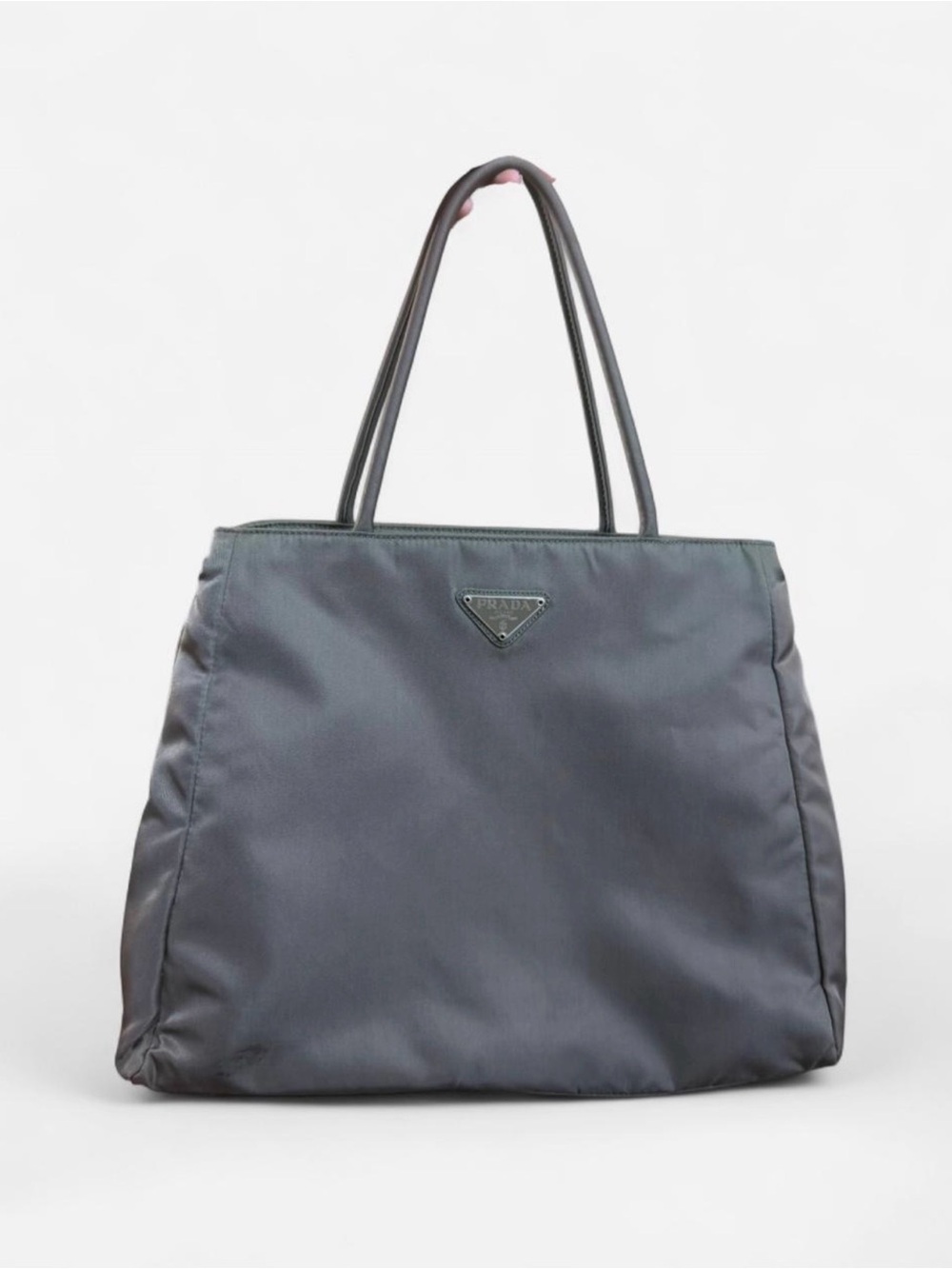 GUC Auth Prada Gray Taupe Nylon Tote Hobo Shoulder Bag with Triangle Logo Plate